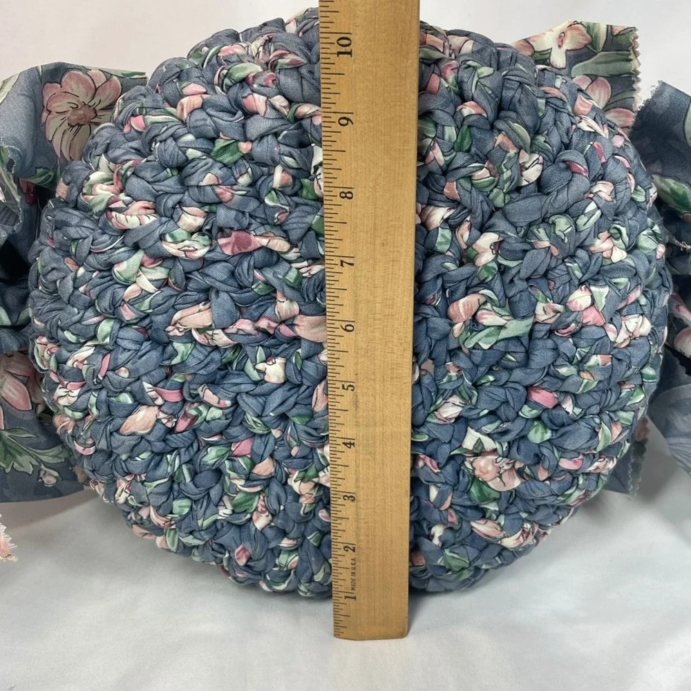 Vintage Rag Weave Basket Blue Mauve Floral Braided Fabric Round Cottagecore 10in